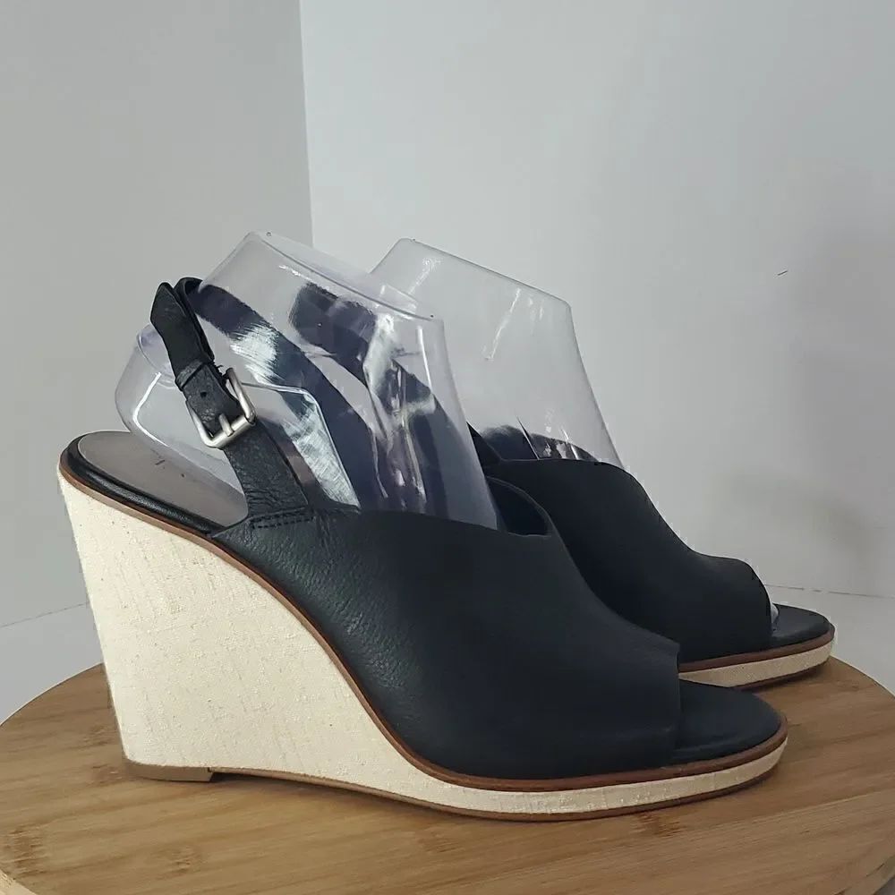 1. State Black Leather Genna Slingback Wedge Sandal Peep Toe Heel 10M